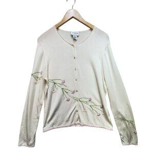 Oscar De La Renta Womens Long Sleeves Cardigan Sweater Size M Cream Cottagecore